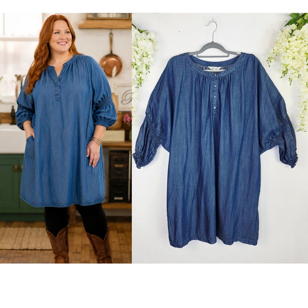 The Pioneer Woman Tunic Dress Plus 2X Blue Chambray Boho Cottage Prairie Lagen